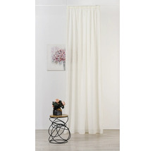 Dekorative Szene mit einem weißen, halbtransparenten Gardinenschal, einem kleinen Tisch mit einer Blumenvase und einem abstrakten Gemälde an der Wand.