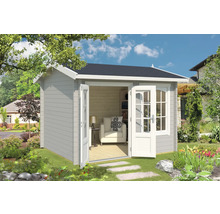 Gartenhaus mit geöffneter Doppeltür und Gartenmöbeln