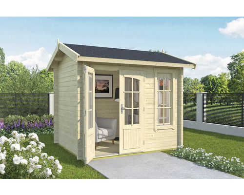 Gartenhaus aus Holz mit geöffneter Doppeltür und Fenster