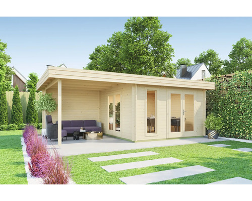 Gartenhaus Outdoor Life Anders inkl. Fußboden, seitliche Überdachung mit Rückwand 632 x 360 cm natur