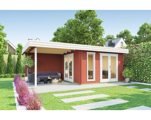 Gartenhaus Outdoor Life Anders inkl. Fußboden, seitliche Überdachung mit Rückwand 632 x 360 cm schwedenrot
