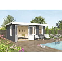 Modernes Gartenhaus aus Holz mit Terrasse und Pool