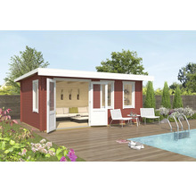 Gartenhaus aus Holz mit Terrasse und Pool im Garten
