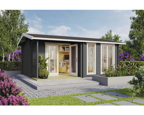 Gartenhaus Outdoor Life Brighton 44 inkl. Fußboden 580 x 429,9 cm carbongrau Gartenhaus mit Fenster und Doppeltür aus Holz