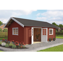 Rotes Gartenhaus mit geöffneter Doppeltür und Fenstern