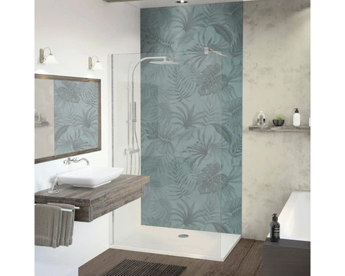 Duschrückwand BREUER Foto Jungle 2100 x 900 mm 9480561000200 Badezimmer mit Dusche, Waschbecken und Spiegel im modernen Design mit Pflanzenmuster