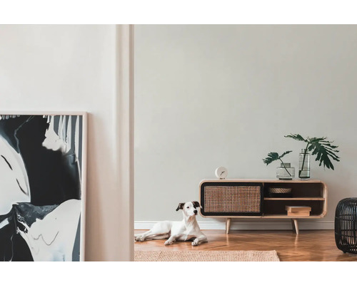 Wohnzimmer mit Kommode, Dekoration und Hund