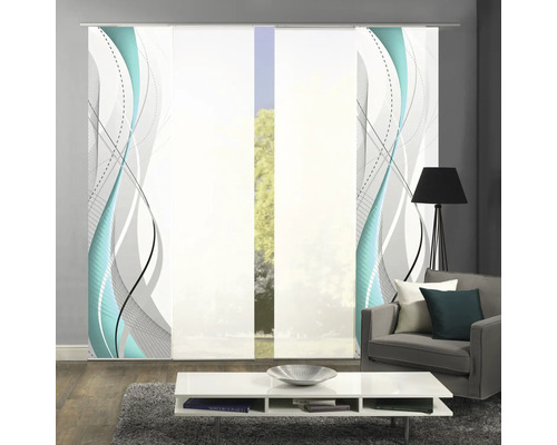 Raumszene mit Schiebegardinen mit Wellenmuster in Grau und Türkis