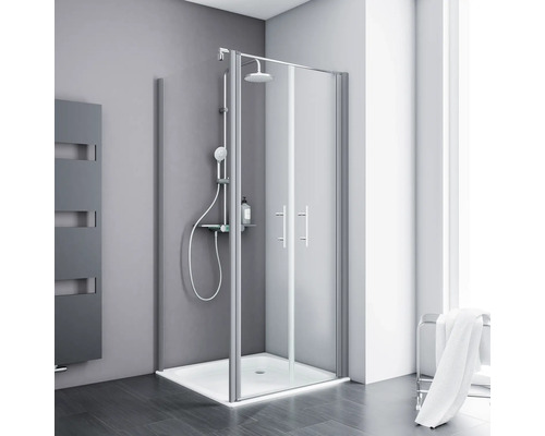 Duschtür mit Seitenwand SCHULTE Alexa Style 2.0 ExpressPlus 80 x 80 cm Profil aluminium Klarglas schmutzabweisende Glasbeschichtung Türanschlag rechts Türanschlag links Duschkabine mit Duschwanne und Armatur im Badezimmer