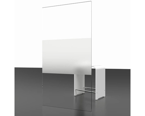 Sichtschutzwand aus Glas mit teilweiser Satinierung und weißem Ständer