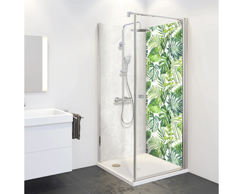 Duschrückwand BREUER Marmor Light grey 255 x 150 cm 9482550000204 Eckdusche mit Duscharmatur und Pflanzenmuster in Badezimmerumgebung