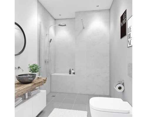 Duschrückwand BREUER Dekor Marmor grau 150 x 255 cm Badezimmer mit Dusche, Waschbecken auf Holzablage und Toilette