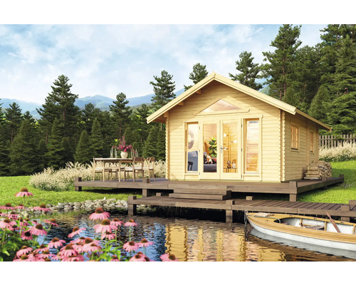 Gartenhaus Outdoor Life Caroline 2.2 inkl. Fußboden, Schlafboden 489,9 x 657 cm natur Holzgartenhaus am See mit Terrasse und Sitzgruppe