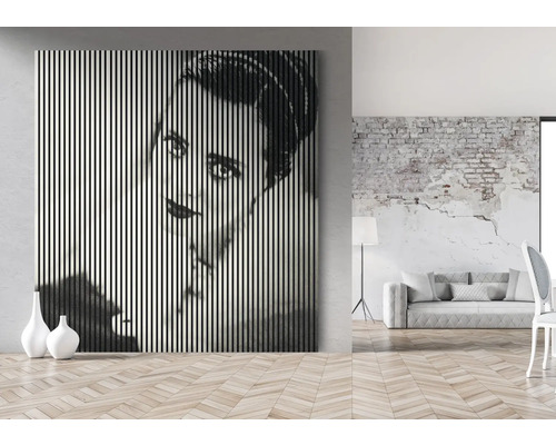 Dekoratives Wandbild mit vertikalen Streifen und Frauenporträt in einem hellen Raum.