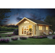 Holz Gartenhaus mit offenstehenden Türen, Fenstern, Gartenmöbeln und Blumenbeet