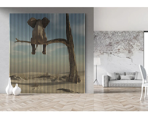 Wandbild mit Elefant auf einem Baum, vertikale Lamellenstruktur für dekorative Zwecke in Innenräumen