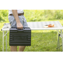 Person trägt Campingaz Grill im Transportkoffer im Garten