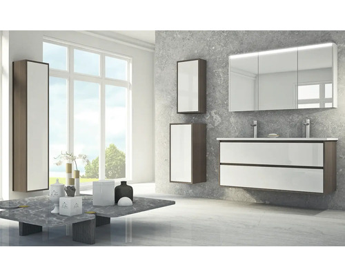 Badezimmer mit Waschtisch, Spiegelschrank und Hochschränken in hellem und organisiertem Design