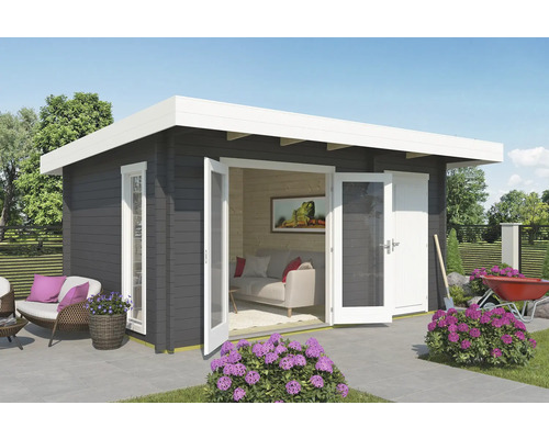 Gartenhaus Outdoor Life Chameleon 44 inkl. Fußboden 510 x 410 cm carbongrau Modernes Gartenhaus mit Doppeltür und Flachdach im Außenbereich