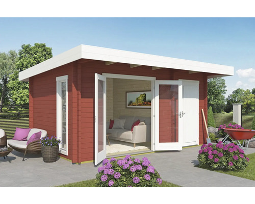 Gartenhaus Outdoor Life Chameleon 44 inkl. Fußboden 510 x 410 cm schwedenrot Modernes Gartenhaus mit Doppeltüren und Flachdach im Außenbereich mit Gartenmöbeln.