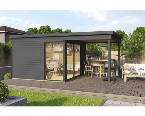Gartenhaus Outdoor Life Domeo 2 inkl. Fußboden, seitliche Überdachung 524,4 x 319,6 cm carbongrau