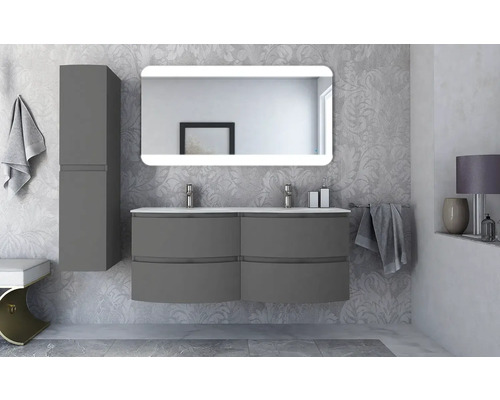 Modernes Badezimmer mit Waschtisch, Spiegelschrank und Hochschrank in Grau.