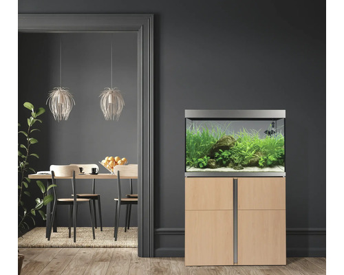 Aquarium mit Unterschrank in einem Wohnraum.