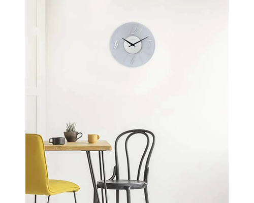 Szene mit einer Wanduhr über einem Esstisch mit Stühlen