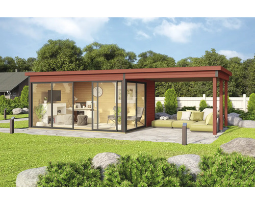 Modernes Gartenhaus mit Büro und Lounge-Bereich im Freien.