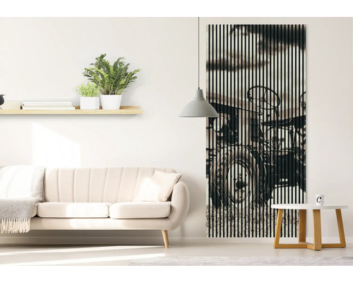Wohnzimmer mit Sofa, Regal, Lampe und Akustikbild mit Traktormotiv