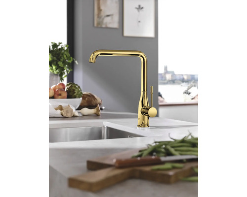 Küchenszene mit goldener Küchenarmatur, Spüle und Lebensmitteln auf der Arbeitsfläche.