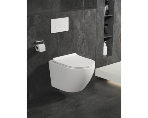 Wandhängendes WC mit Betätigungsplatte und Toilettenpapierhalter in einem modernen Badezimmer.