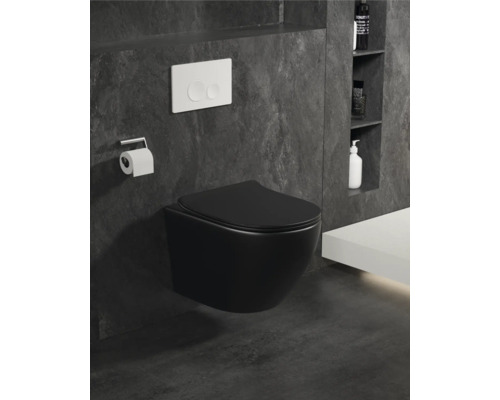 Modernes Badezimmer mit einer schwarzen, wandhängenden Toilette, einem weißen Spülkasten und einem Toilettenpapierhalter.