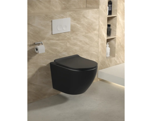 Modernes Badezimmer mit hängendem, schwarzem Tiefspülklosett und Betätigungsplatte