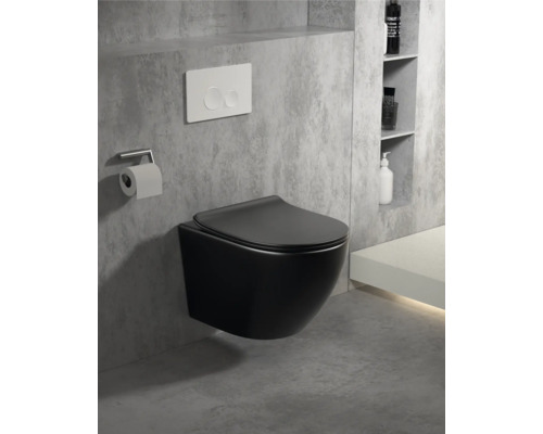 Wandhängendes, schwarzes WC mit Toilettenpapierhalter und Betätigungsplatte in einem modern gestalteten Badezimmer.
