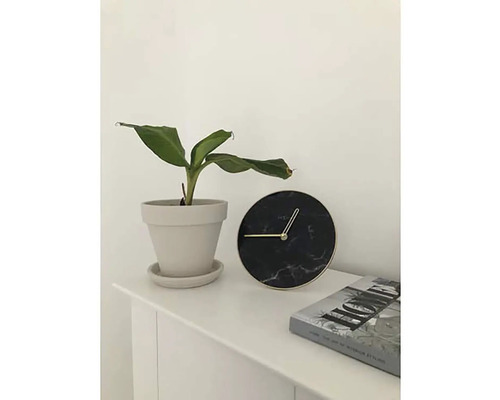 Tischdekoration mit Zimmerpflanze im Topf, runder Uhr und Buch