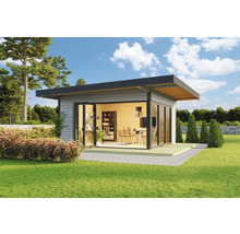 Modernes Gartenhaus mit offenem Büro und Besprechungsbereich im Grünen.