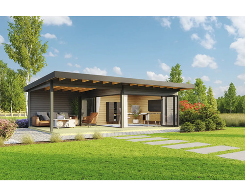 Gartenhaus Outdoor Life Domeo 10 inkl. Fußboden, Terrasse 890 x 590 cm carbongrau Modernes Gartenhaus mit Terrasse und Büroausstattung im Grünen