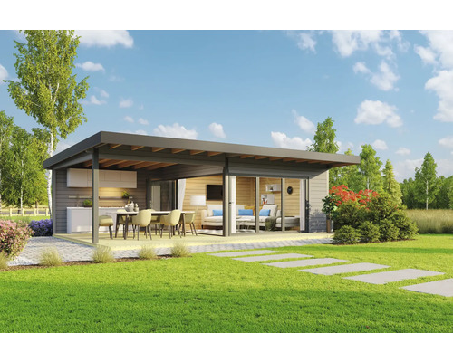 Modernes Gartenhaus mit Küche, Essbereich und Wohnzimmer auf einer Rasenfläche.