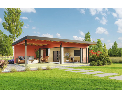 Modernes Gartenhaus mit Terrasse, Gartenmöbeln und Büroausstattung im Grünen.