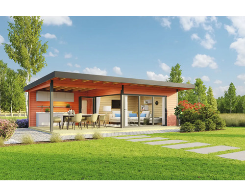 Gartenhaus Outdoor Life Domeo 10 inkl. Fußboden, Terrasse 850 x 450 cm schwedenrot