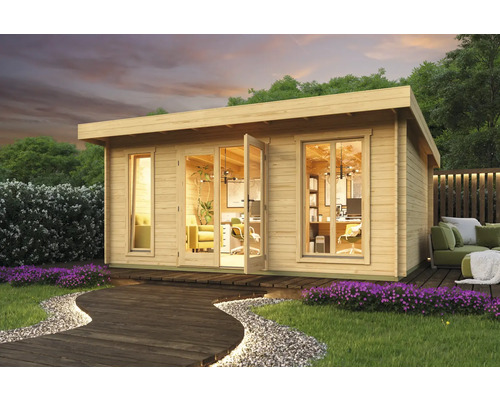 Holz Gartenhaus mit Büro Einrichtung und Terrasse