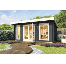Gartenhaus mit Doppeltür und Fenstern, Holzboden und Garten