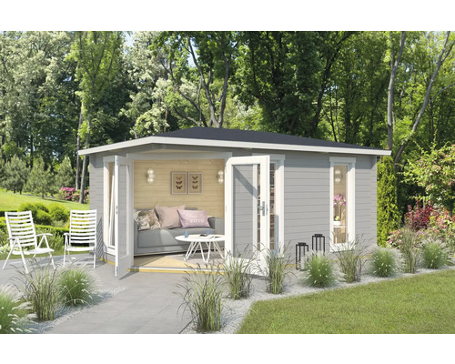 Gartenhaus Outdoor Life Edinburgh 2 inkl. Fußboden 490,3 x 322,3 cm lichtgrau Gartenhaus mit Sitzbereich im Freien