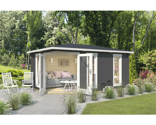 Gartenhaus Outdoor Life Edinburgh 2 inkl. Fußboden 490,3 x 322,3 cm carbongrau Gartenhaus mit Sitzgruppe im Garten