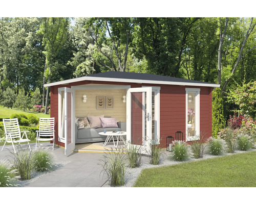 Gartenhaus Outdoor Life Edinburgh 2 inkl. Fußboden 490,3 x 322,3 cm schwedenrot Garten mit Gartenhaus aus Holz, Gartenmöbeln und Bepflanzung