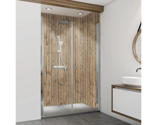 Duschrückwand BREUER Holz 255 x 100 cm 9482553000203 Badezimmer mit Dusche mit Holzwand und Waschtisch