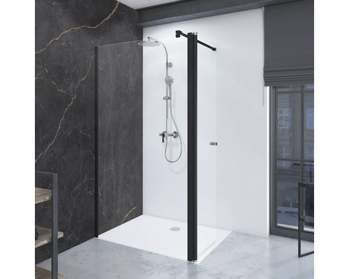 Duschrückwand BREUER Marmor 255 x 150 cm 9482559000204 Moderne Dusche mit schwarzem Rahmen, Duschkopf und Duschwanne.