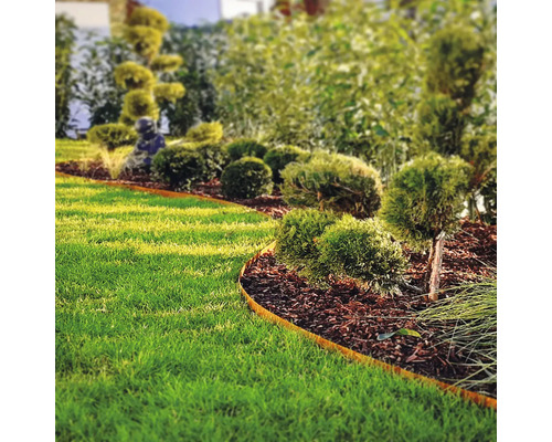 Gartenlandschaft mit Rasen, Büschen und Rasenkanten