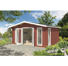 Holzgartenhaus mit Doppeltür und Fenstern im Garten